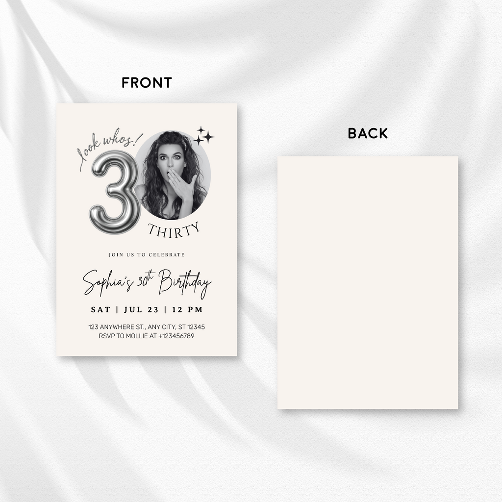 Editable 30th Birthday Photo Invitation Canva Template Silver Balloon Minimalist Party Invite Instant Download