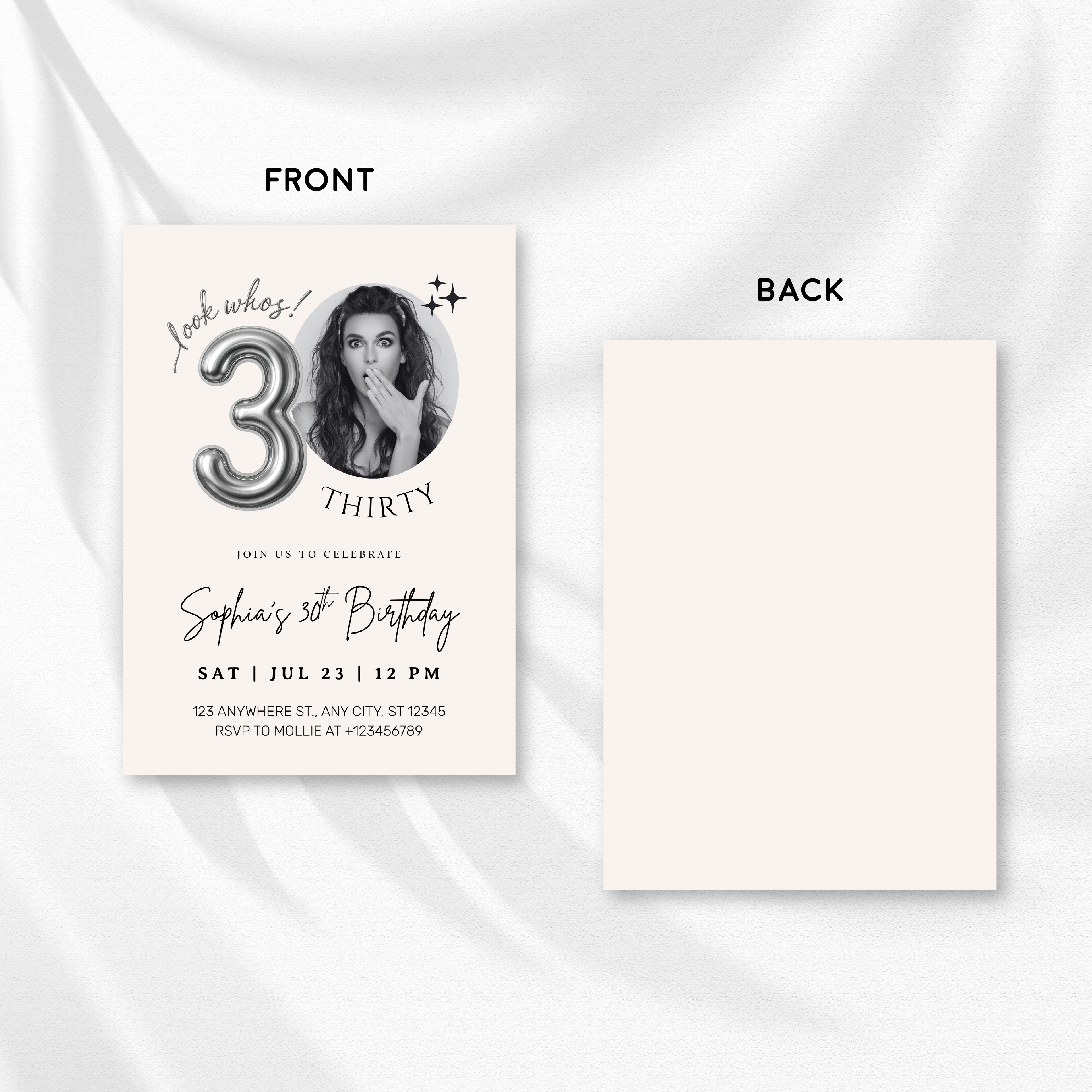 Editable 30th Birthday Photo Invitation Canva Template Silver Balloon Minimalist Party Invite Instant Download