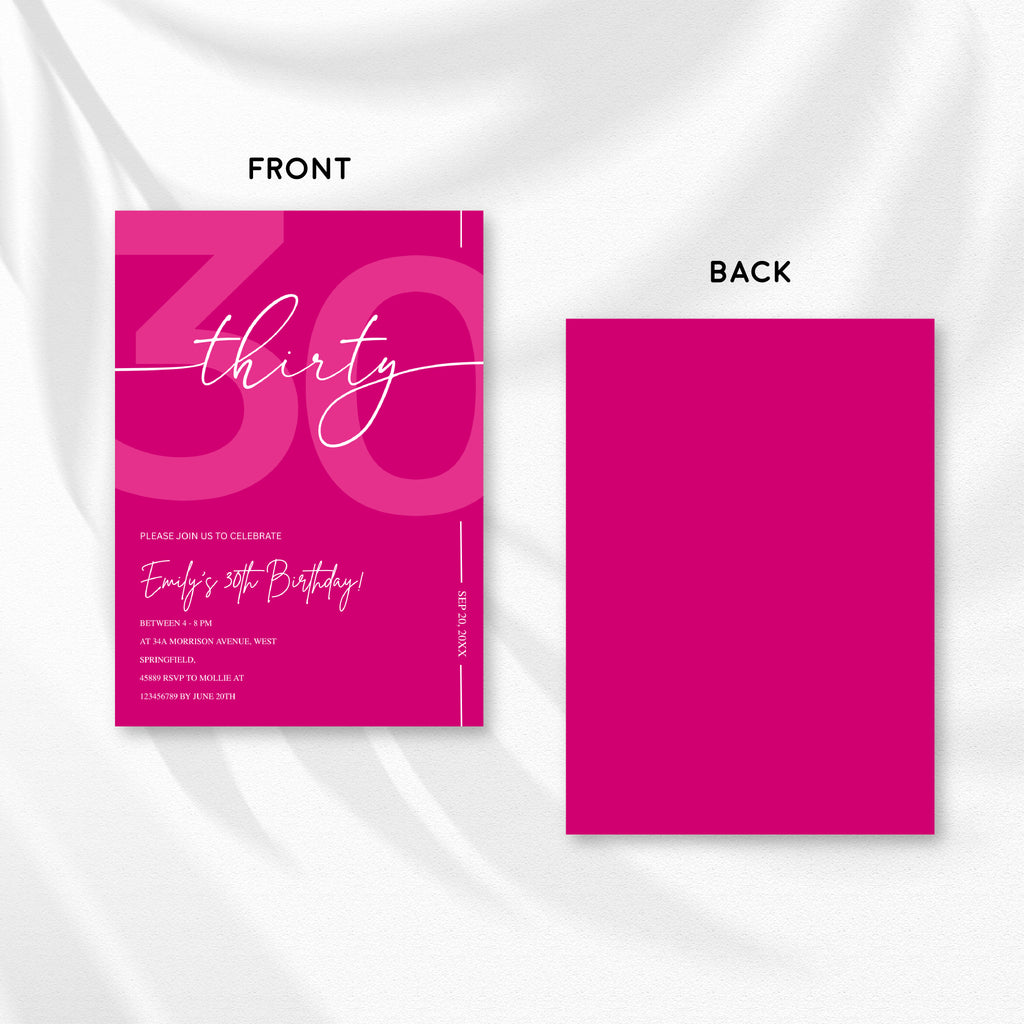 Modern Pink 30th Birthday Invitation | Minimalist Editable Canva Template