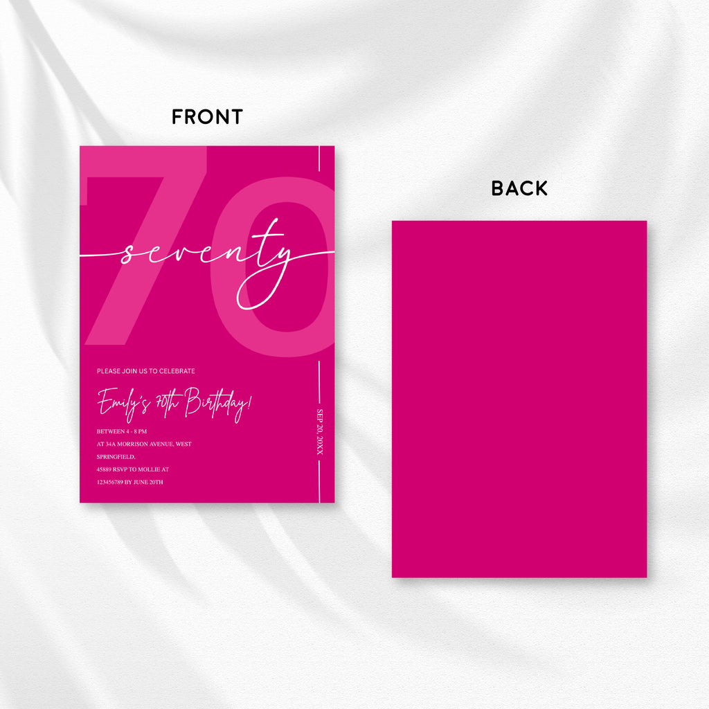 Modern Pink 70th Birthday Invitation | Minimalist Editable Canva Template