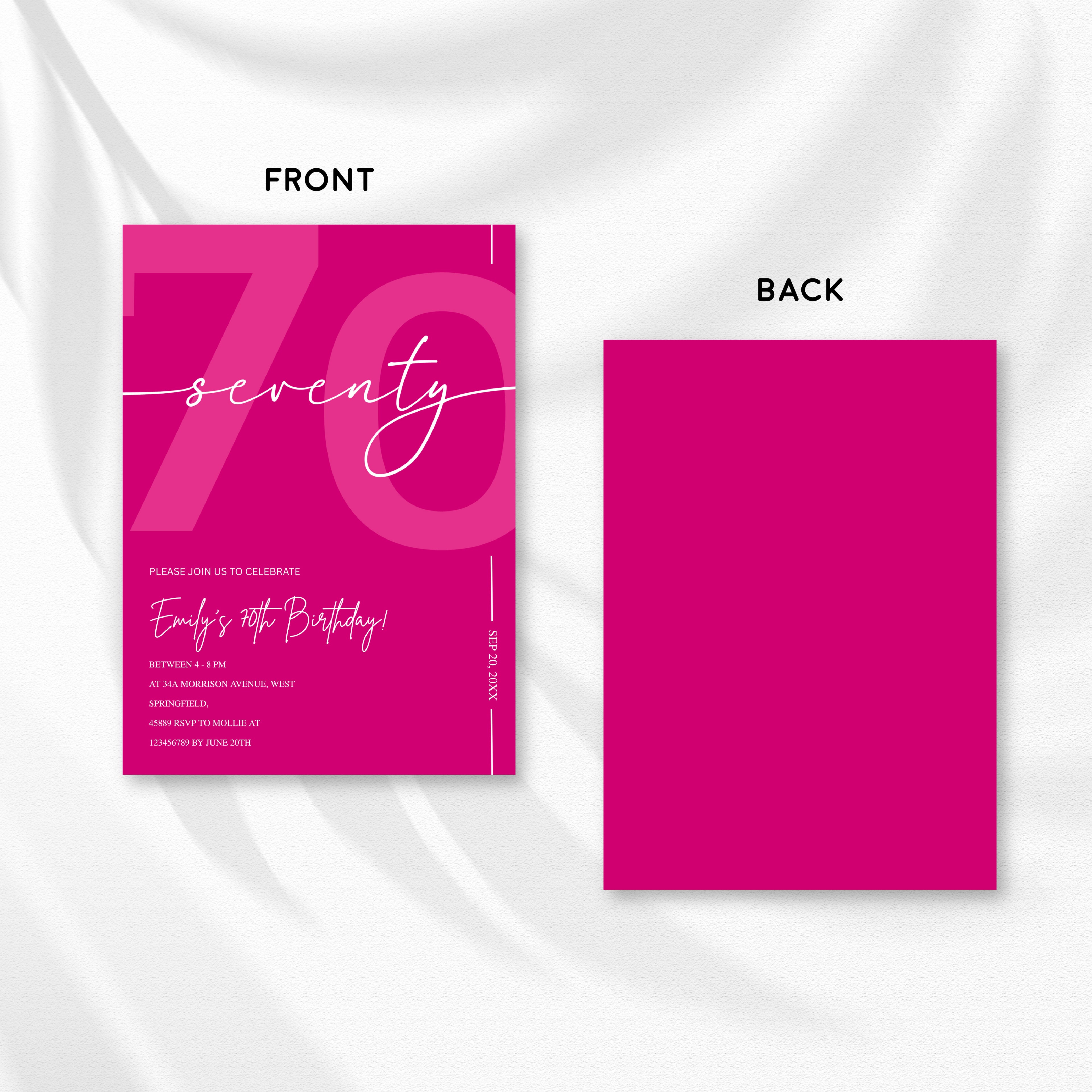 Modern Pink 70th Birthday Invitation | Minimalist Editable Canva Template