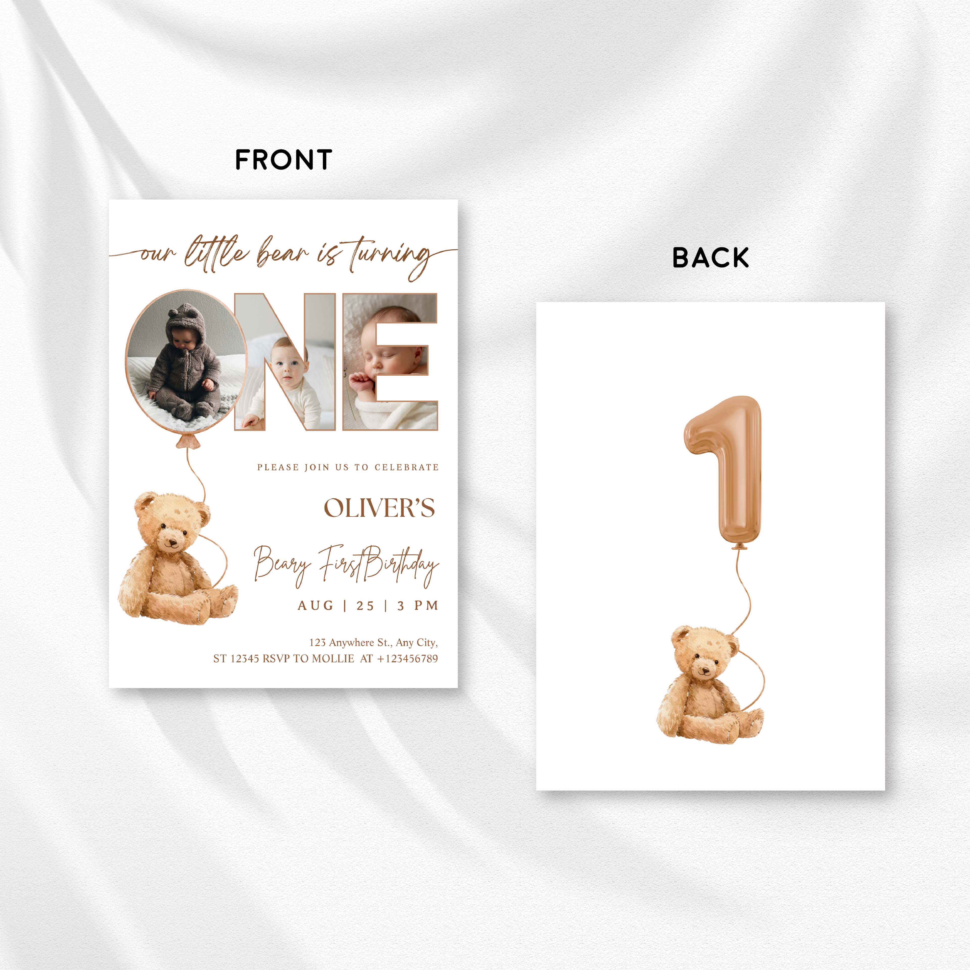 Editable Beary First Birthday Photo Invitation | Teddy Bear 1st Birthday Canva Template – Instant Download