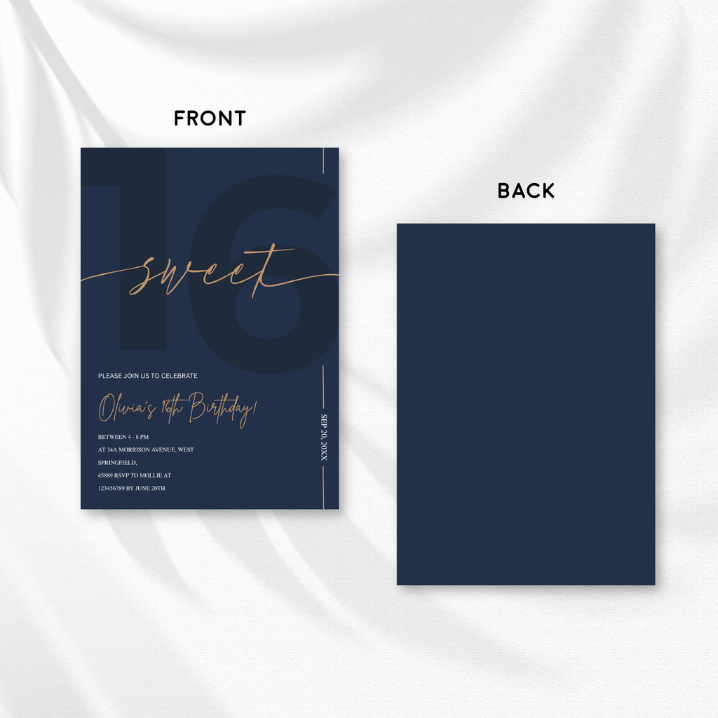 Modern Navy Blue & Gold Sweet 16th Birthday Invitation – Editable Canva Template