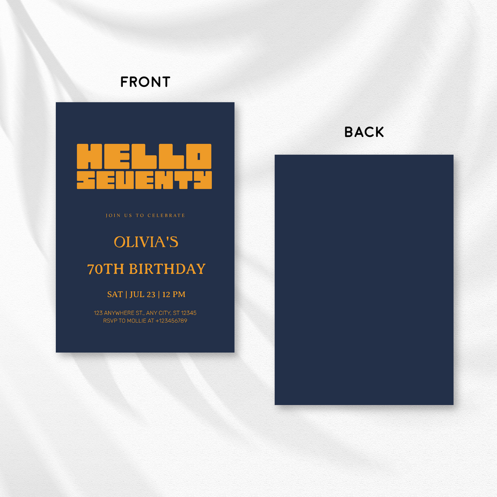Hello Seventy Navy Blue 70th Birthday Invitation | Modern Milestone Party Invite | Elegant Birthday Celebration