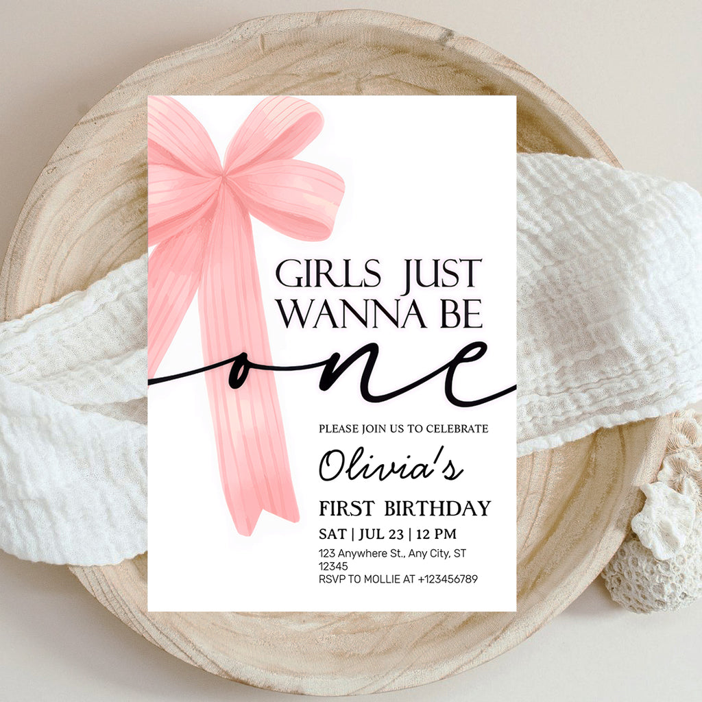 Girls Just Wanna Be One Pink Bow 1st Birthday Invitation – Editable Canva Template