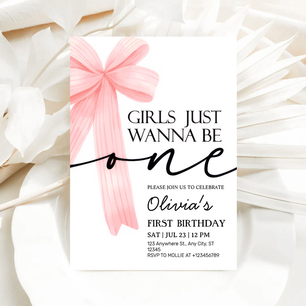 Girls Just Wanna Be One Pink Bow 1st Birthday Invitation – Editable Canva Template
