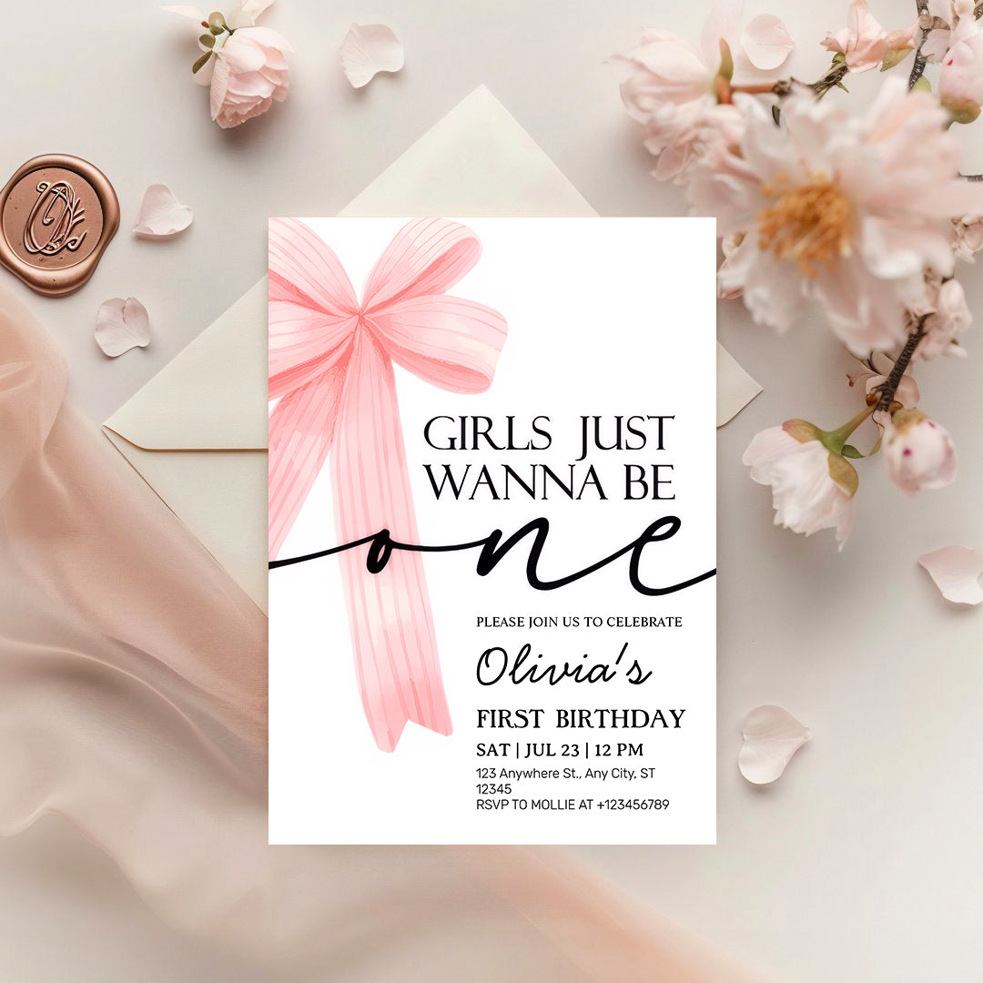 Girls Just Wanna Be One Pink Bow 1st Birthday Invitation – Editable Canva Template