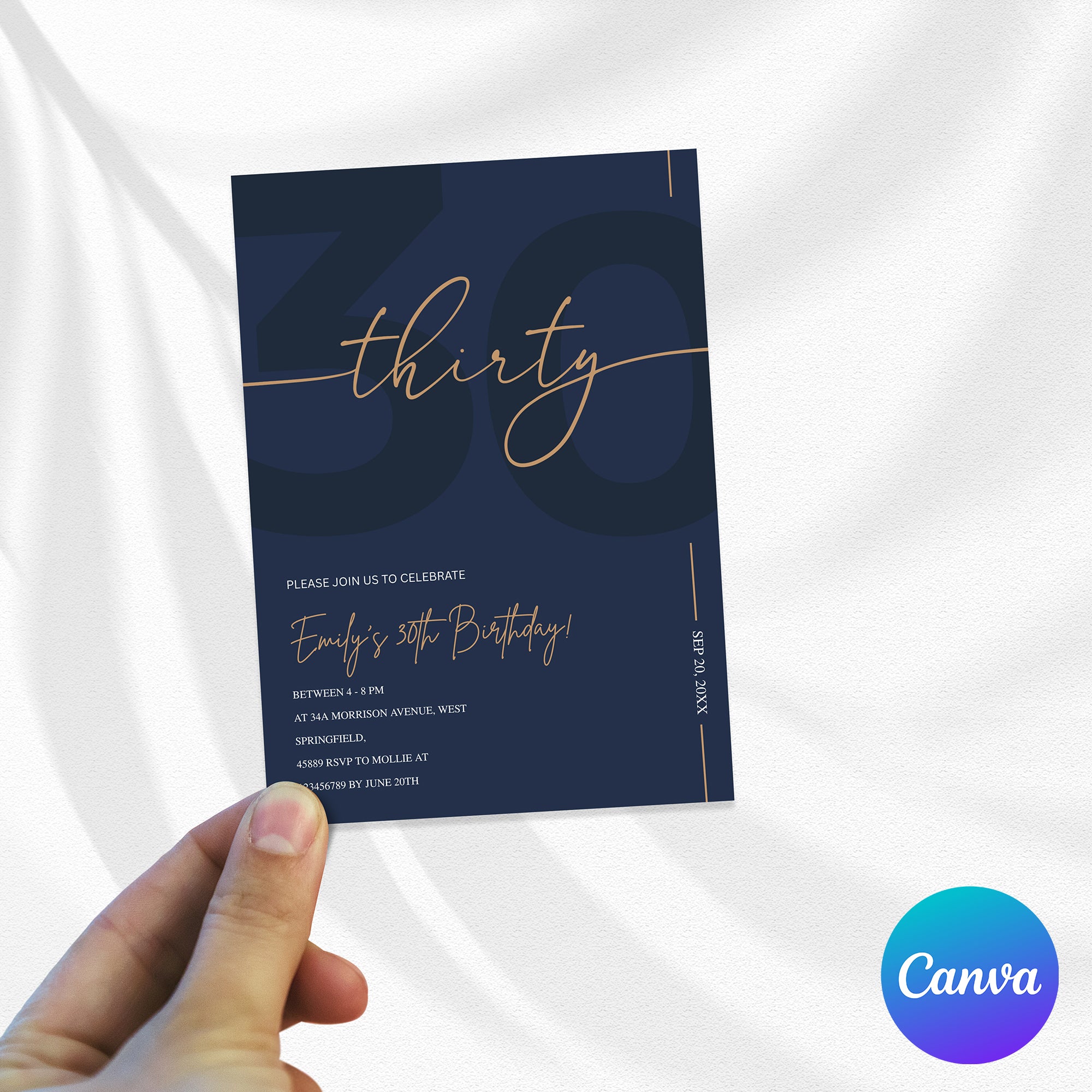 Modern Navy Blue & Gold 30th Birthday Invitation – Editable Canva Template