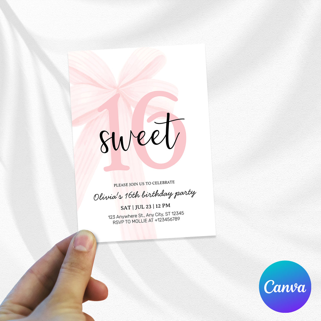 Elegant Pink Coquette Bow Sweet 16 Birthday Invitation – Editable Canva Template