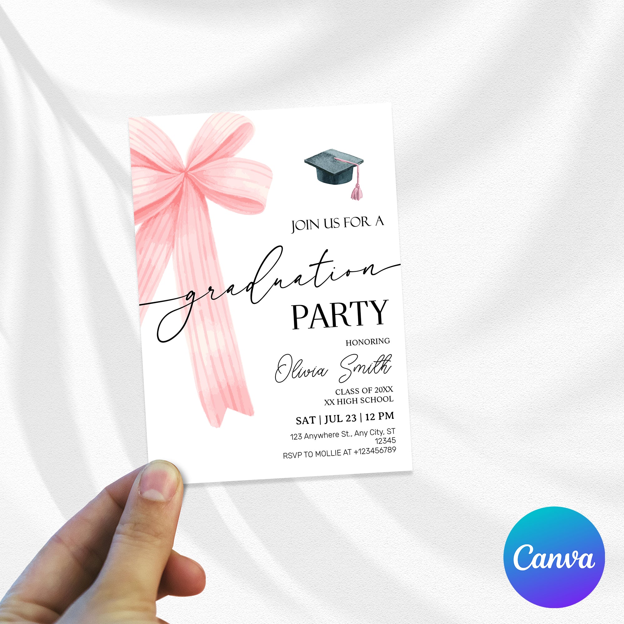 Pink Bow Graduation Party Invitation – Editable Canva Template