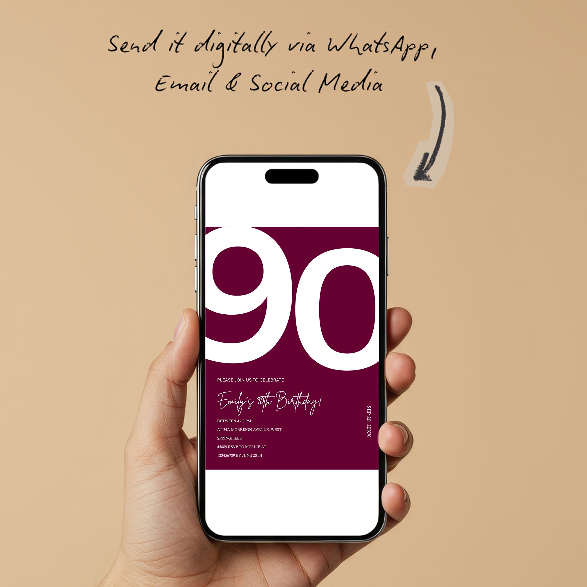 Elegant Burgundy 90th Birthday Invitation Template | Chic Ninety Milestone Party Invite | Editable & Instant Download