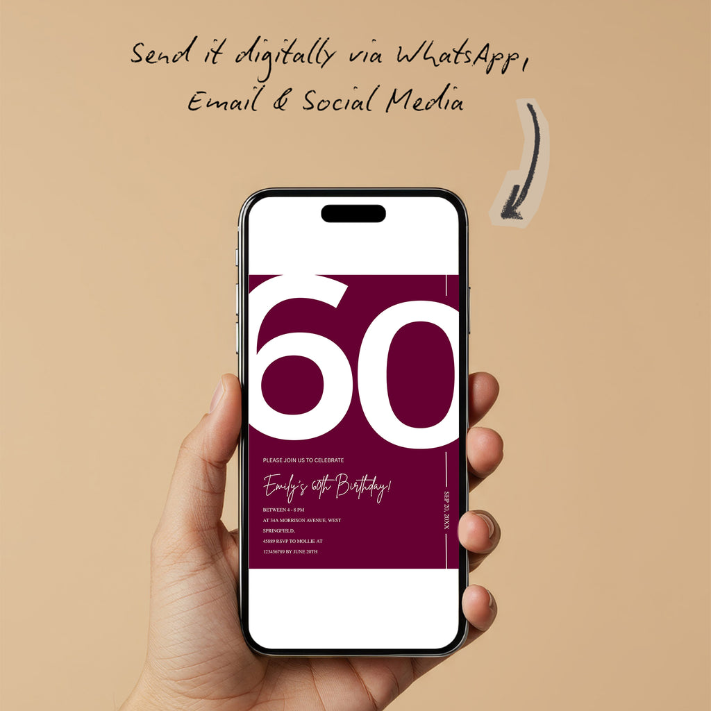 Elegant Burgundy 60th Birthday Invitation Template | Chic Sixty Milestone Party Invite | Editable & Instant Download