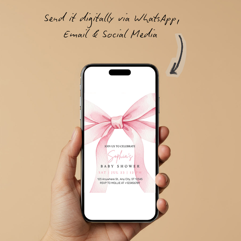 Elegant Pink Bow Girl Baby Shower Invitation – Editable Canva Template