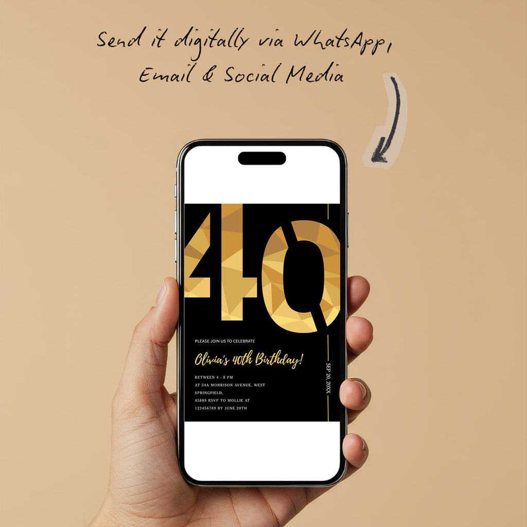 Elegant Black & Gold 40th Birthday Invitation Template | Editable Birthday Party Invite | Instant Download Canva