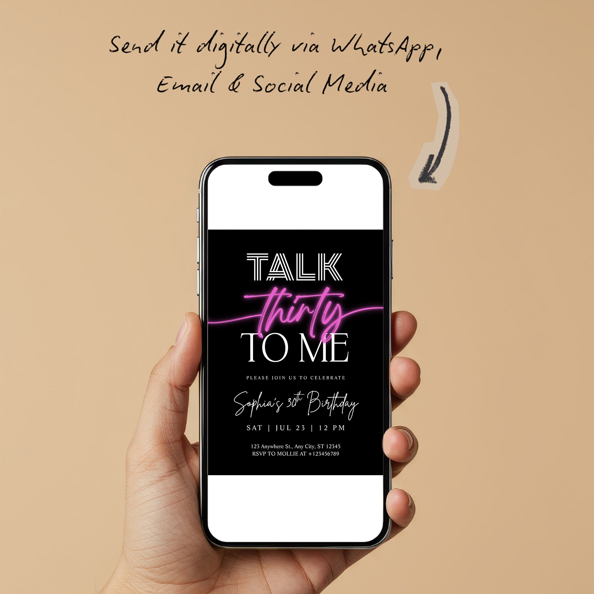 Talk 30 To Me 30th Birthday Invitation Template | Pink Neon Thirty Party Invite | Editable & Instant Download