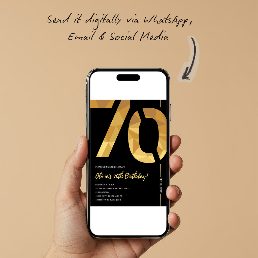 Elegant Black & Gold 70th Birthday Invitation Template | Editable Birthday Party Invite | Instant Download Canva