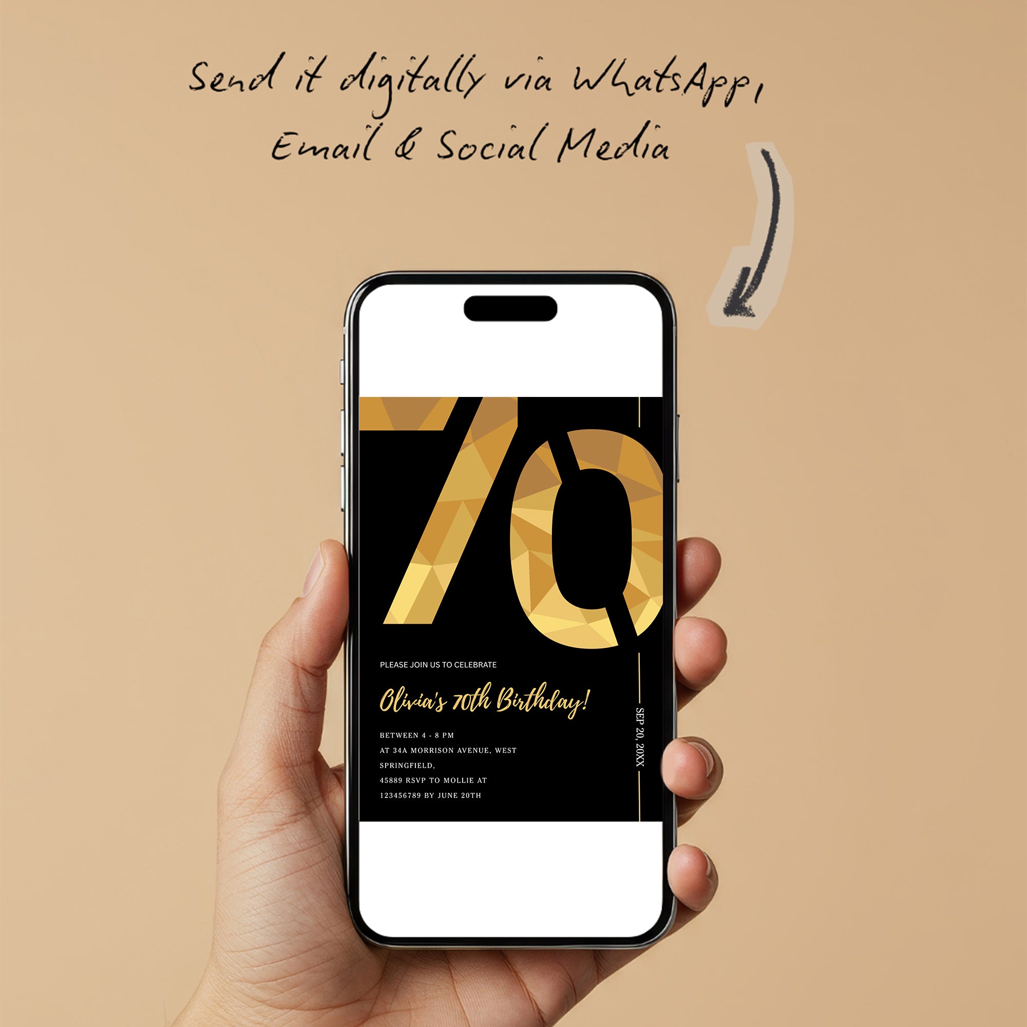 Elegant Black & Gold 70th Birthday Invitation Template | Editable Birthday Party Invite | Instant Download Canva