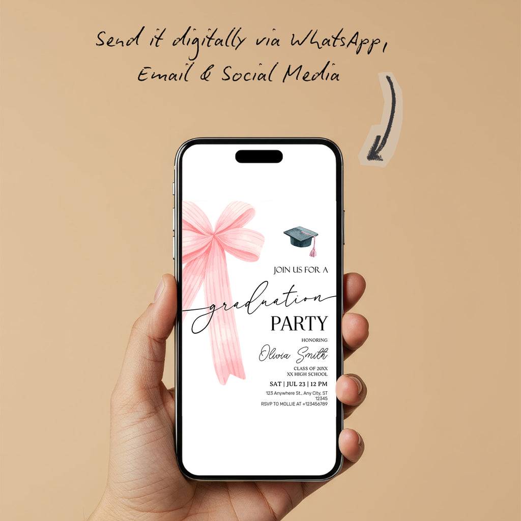 Pink Bow Graduation Party Invitation – Editable Canva Template