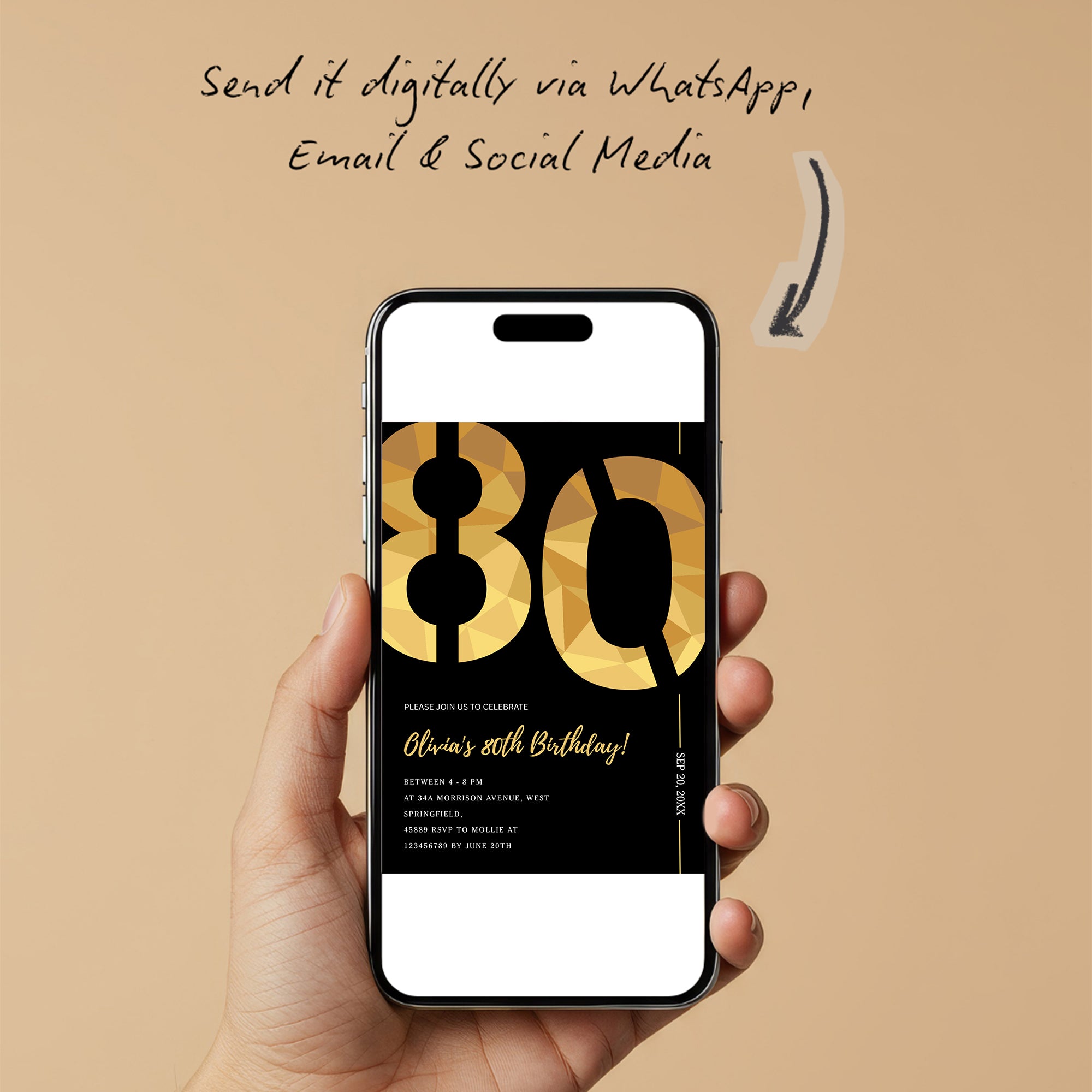 Elegant Black & Gold 80th Birthday Invitation Template | Editable Birthday Party Invite | Instant Download Canva