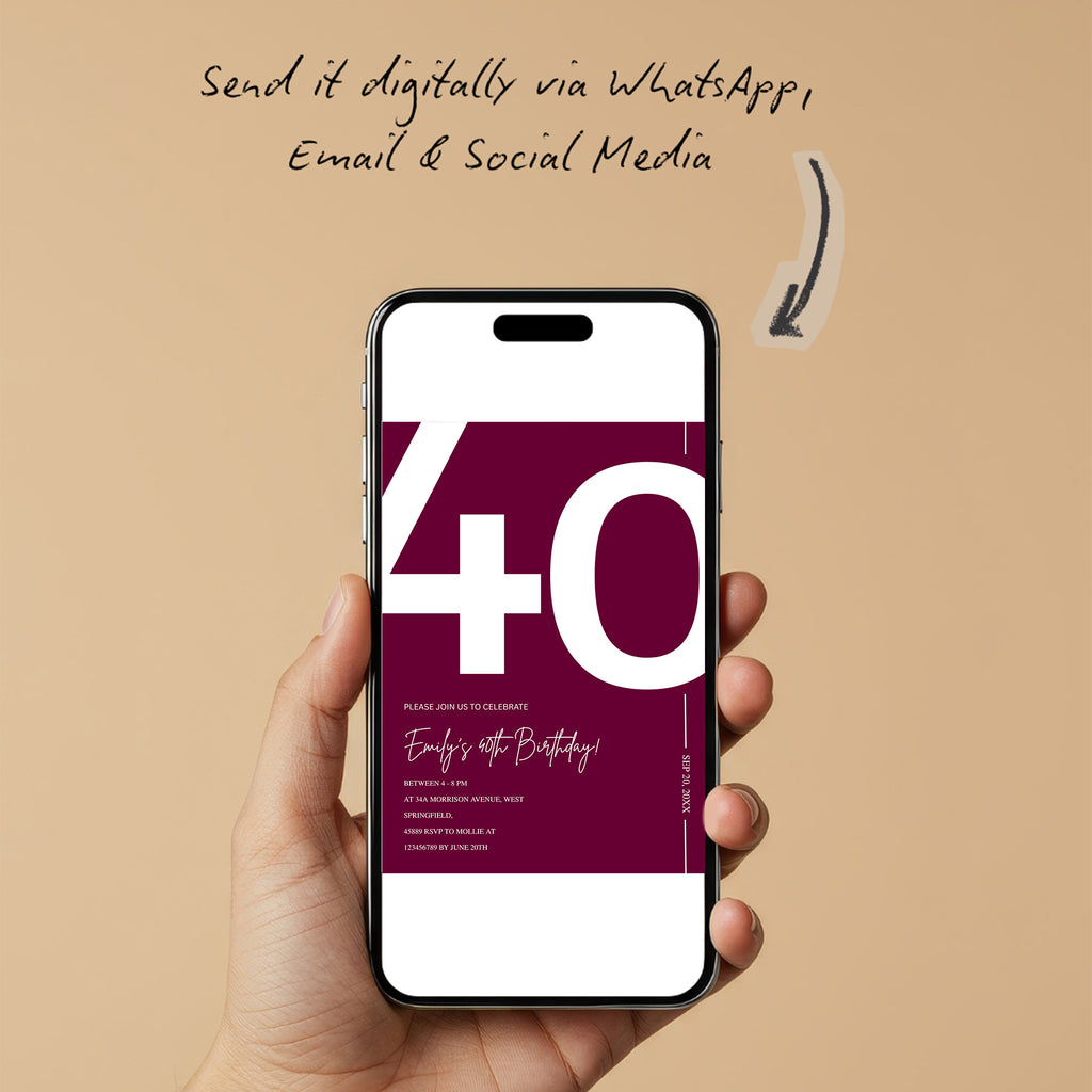 Elegant Burgundy 40th Birthday Invitation Template | Chic Forty Milestone Party Invite | Editable & Instant Download