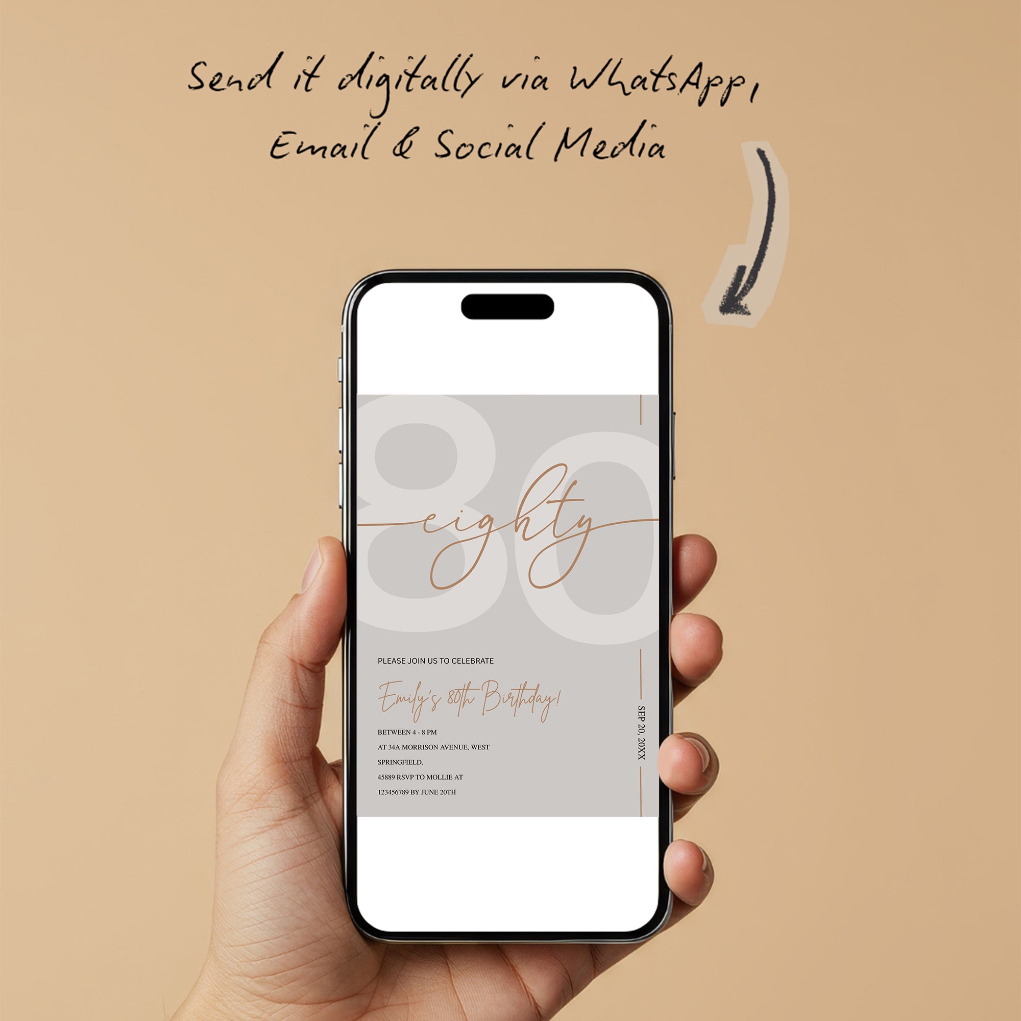 Modern Beige & Gold 80th Birthday Invitation – Editable Canva Template