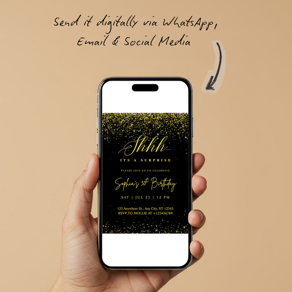 Elegant Black & Gold Surprise Birthday Invitation – Editable Canva Template