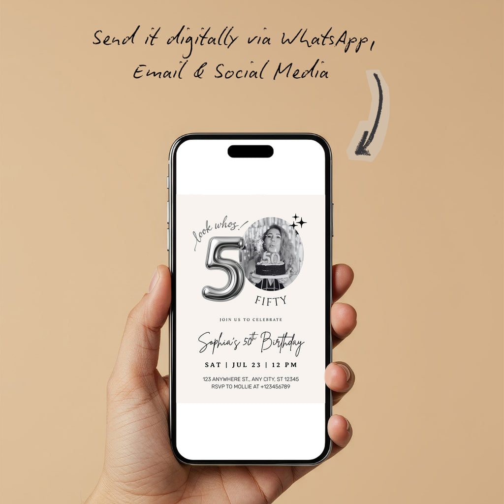 Editable 50th Birthday Photo Invitation Canva Template Silver Balloon Minimalist Party Invite Instant Download