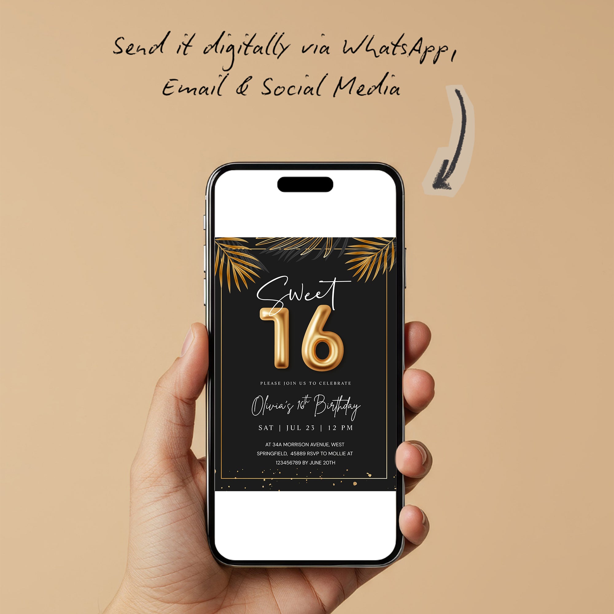 Sweet 16 Tropical Gold Invitation Template | Editable Sixteenth Birthday Invite | Golden Leaves Canva Instant Download