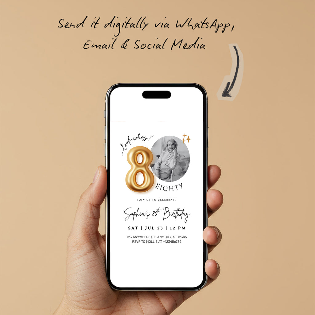 Modern Minimalist 80th Birthday Gold Balloon Photo Invitation Template | Elegant Milestone Party Invite | Editable & Instant Download