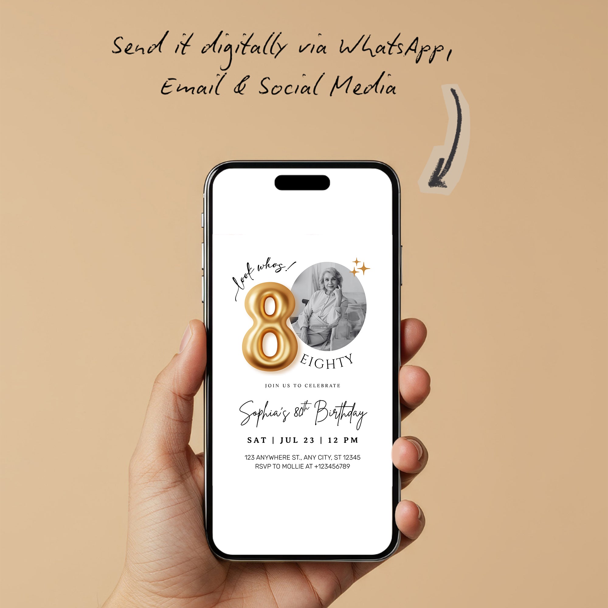 Modern Minimalist 80th Birthday Gold Balloon Photo Invitation Template | Elegant Milestone Party Invite | Editable & Instant Download