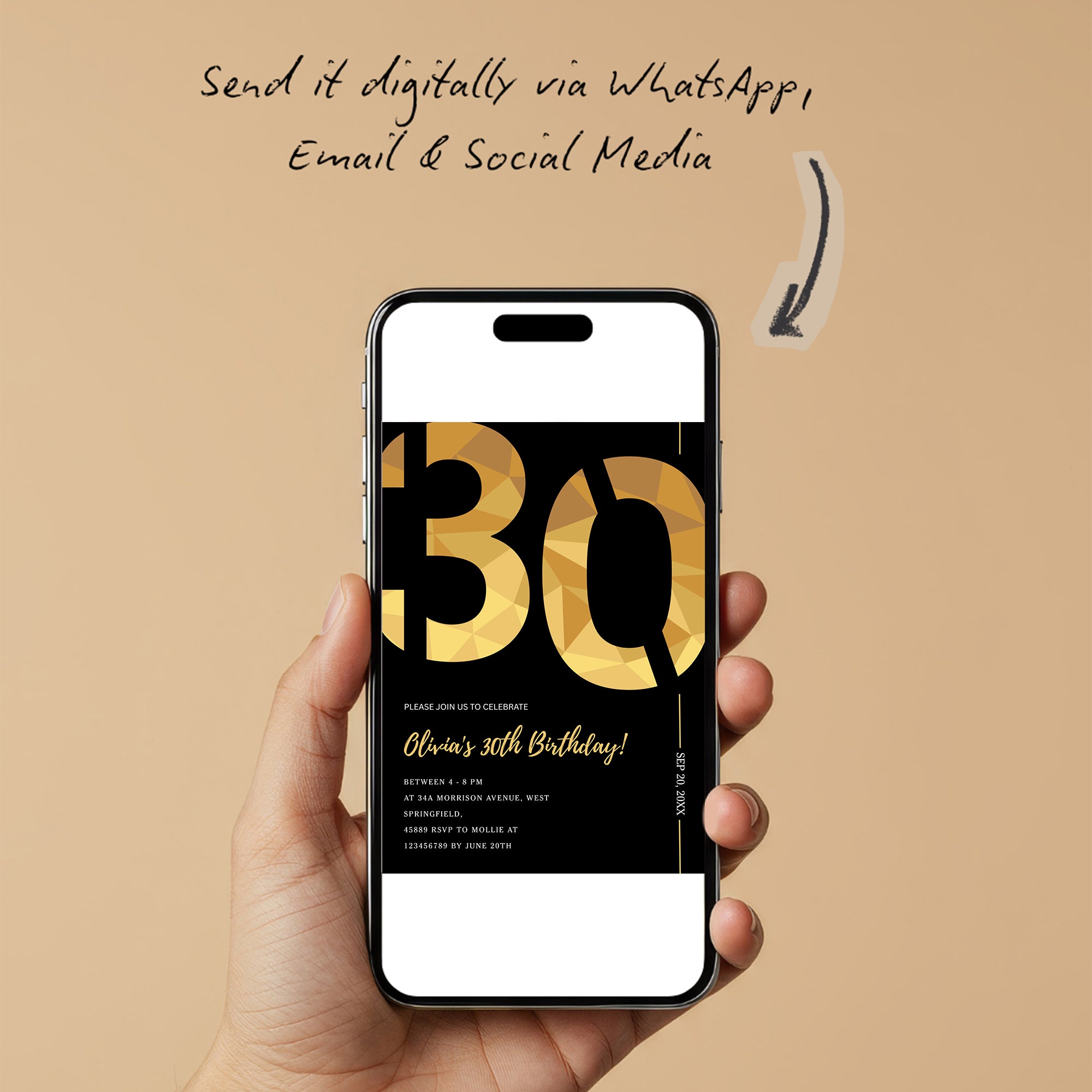 Elegant Black & Gold 30th Birthday Invitation Template | Editable Birthday Party Invite | Instant Download Canva