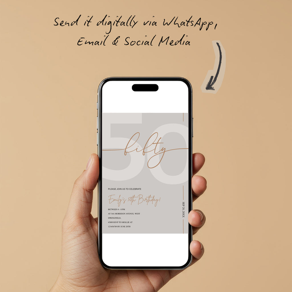 Modern Beige & Gold 50th Birthday Invitation – Editable Canva Template
