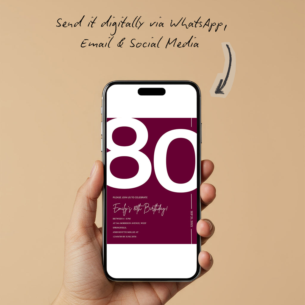 Elegant Burgundy 80th Birthday Invitation Template | Chic Eighty Milestone Party Invite | Editable & Instant Download