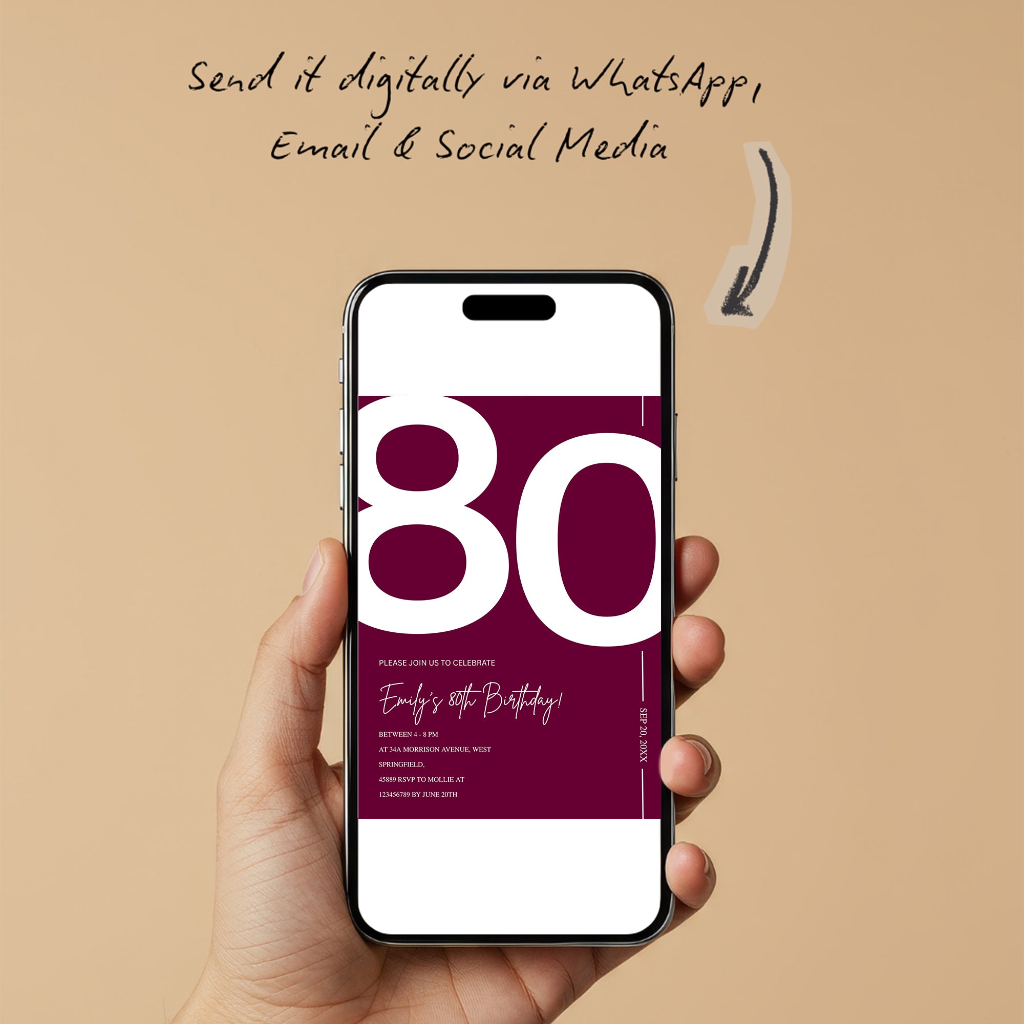 Elegant Burgundy 80th Birthday Invitation Template | Chic Eighty Milestone Party Invite | Editable & Instant Download