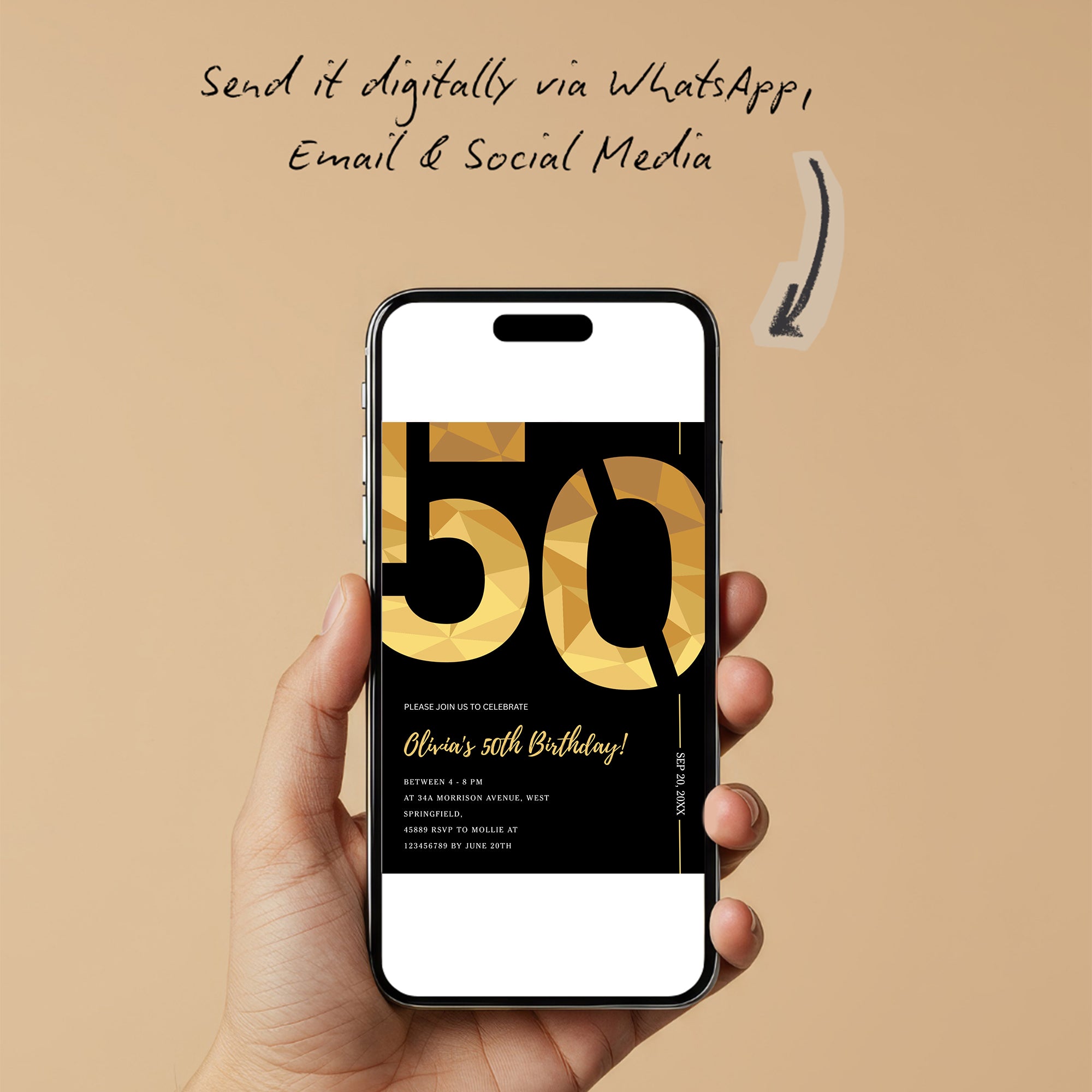 Elegant Black & Gold 50th Birthday Invitation Template | Editable Birthday Party Invite | Instant Download Canva