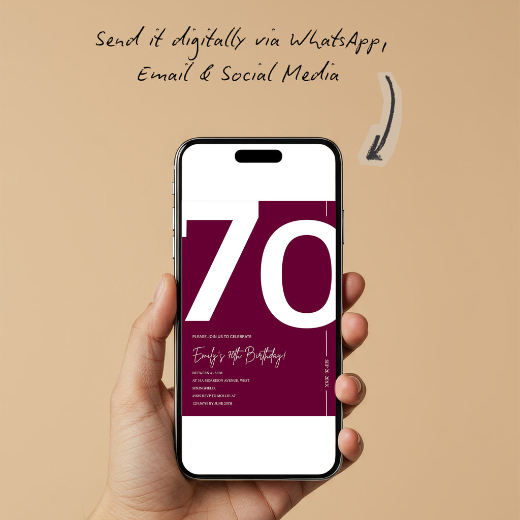 Elegant Burgundy 70th Birthday Invitation Template | Chic Seventy Milestone Party Invite | Editable & Instant Download