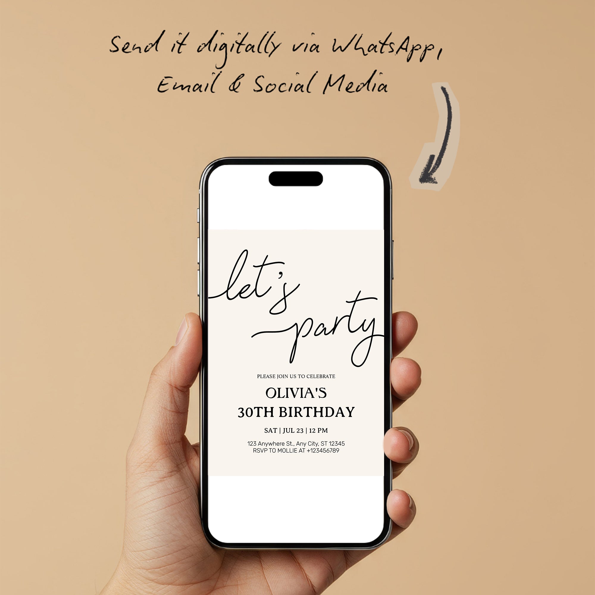 Modern Minimalist Lets Party Birthday Invitation – Editable Canva Template