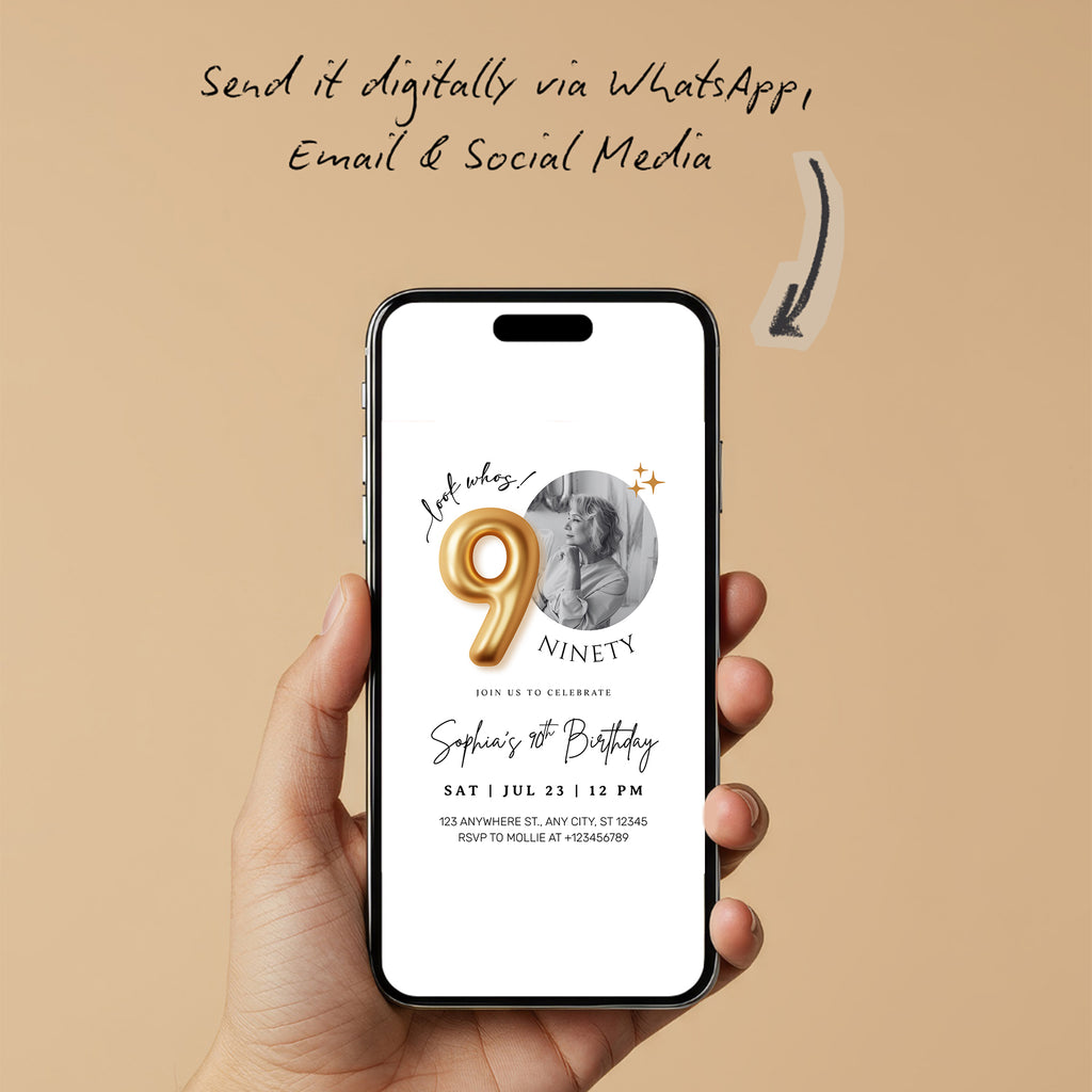 Modern Minimalist 90th Birthday Gold Balloon Photo Invitation Template | Elegant Milestone Party Invite | Editable & Instant Download