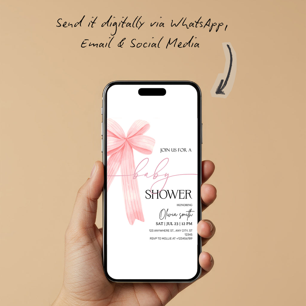 Elegant Pink Bow Baby Shower Invitation – Editable Canva Template