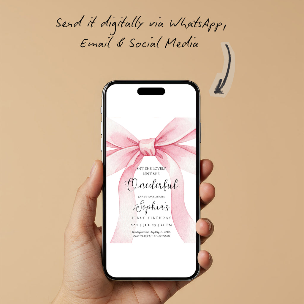 Pink Bow Onederful First Birthday Invitation – Editable Canva Template