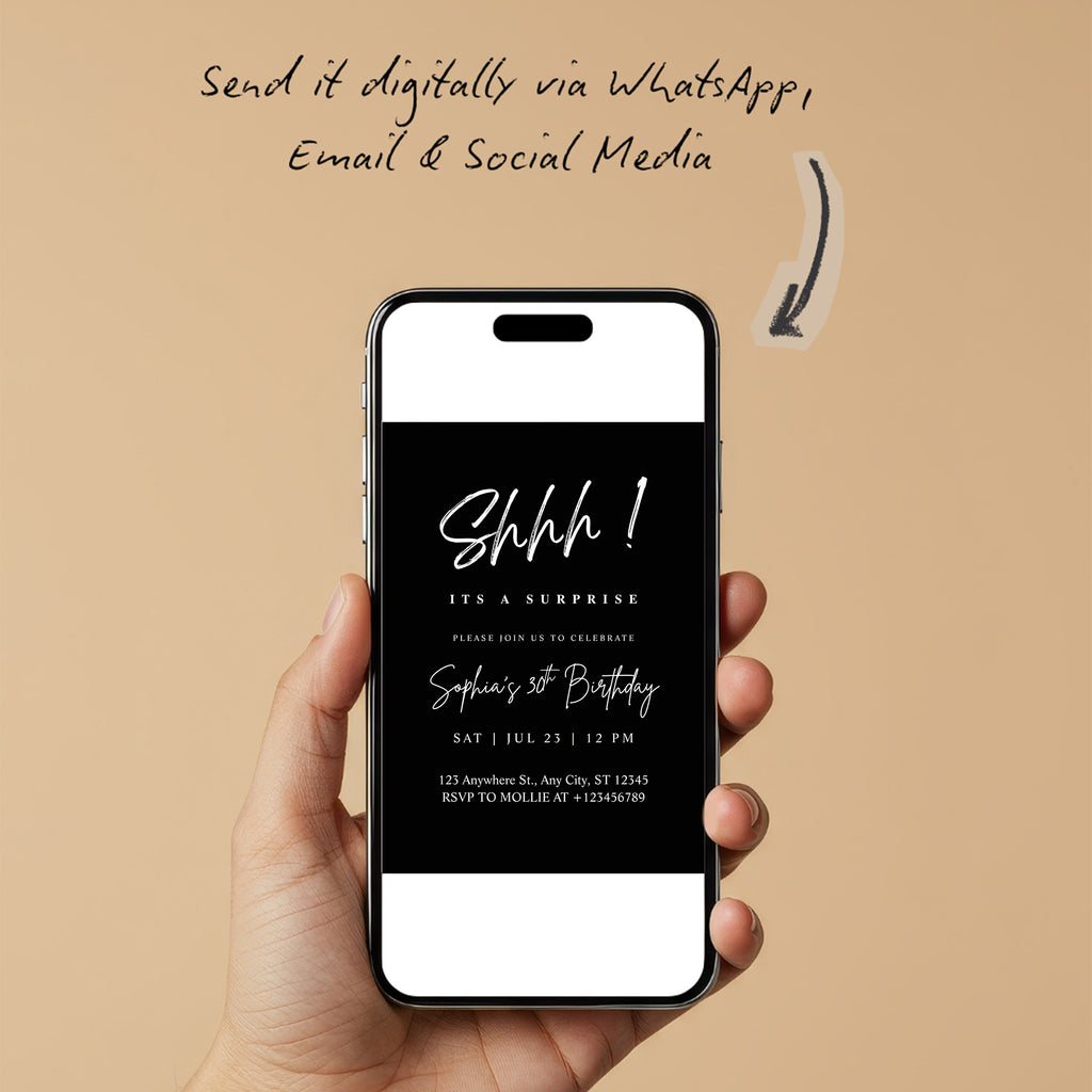 Elegant White Calligraphy Surprise Party Invitation – Editable Canva Template