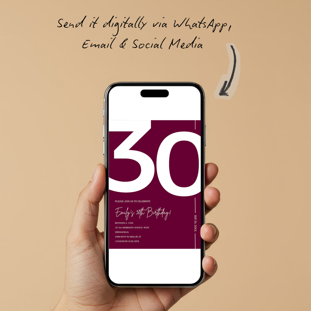 Elegant Burgundy 30th Birthday Invitation Template | Chic Thirty Milestone Party Invite | Editable & Instant Download