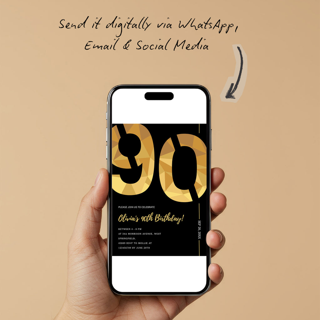 Elegant Black & Gold 90th Birthday Invitation Template | Editable Birthday Party Invite | Instant Download Canva