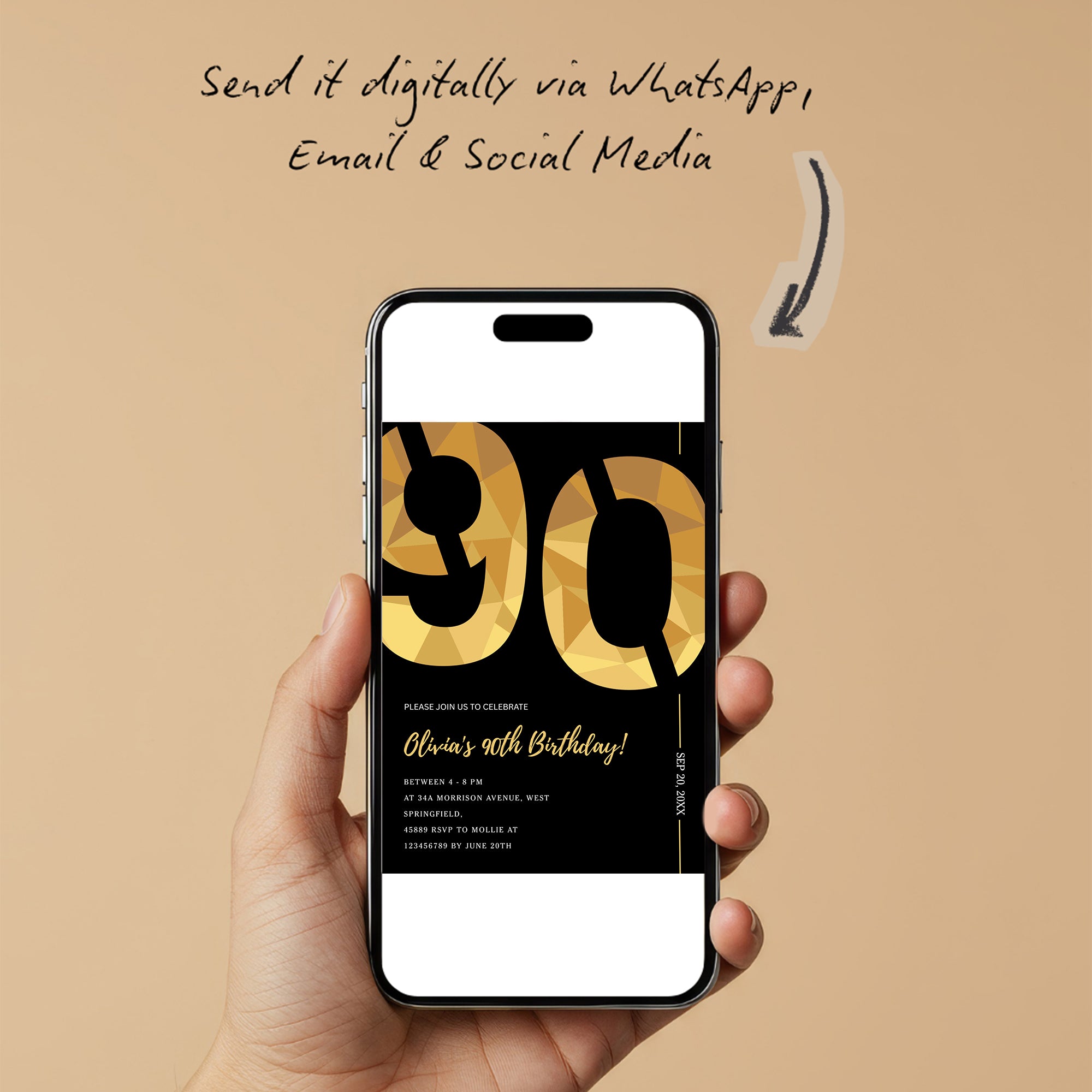 Elegant Black & Gold 90th Birthday Invitation Template | Editable Birthday Party Invite | Instant Download Canva