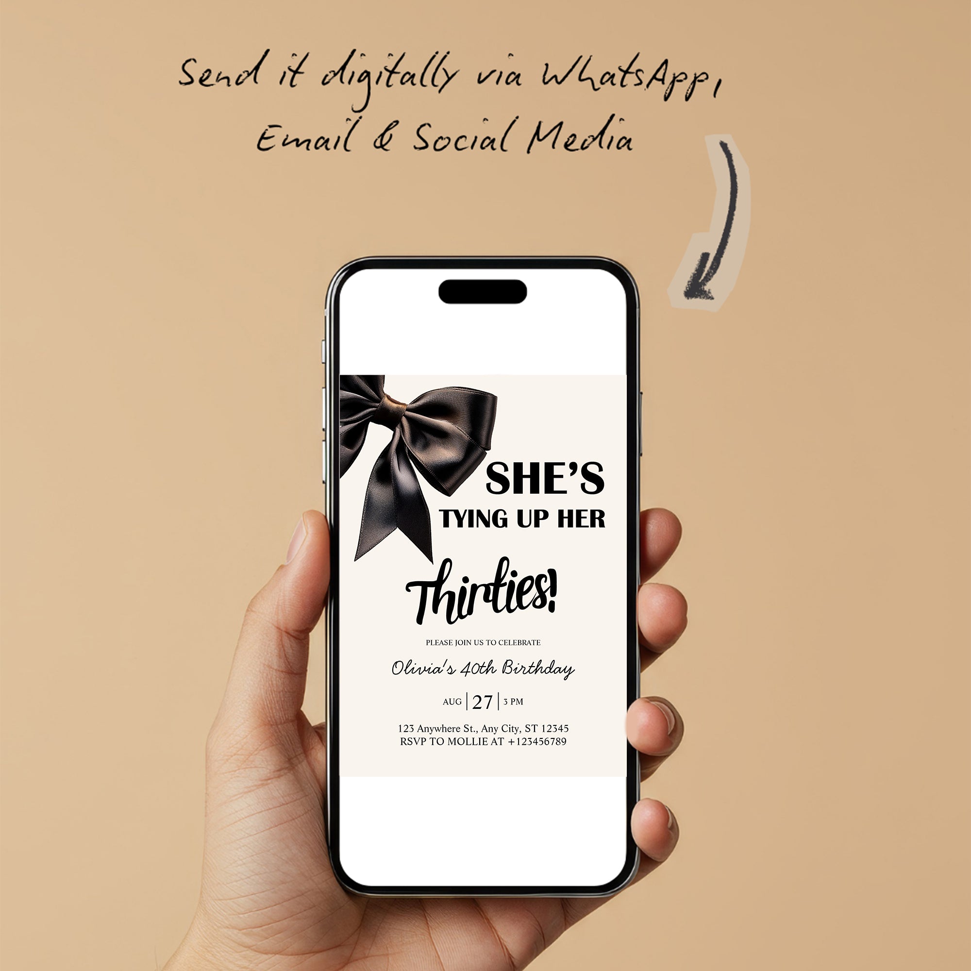 Elegant Black Bow Birthday Invitation – Editable Canva Template