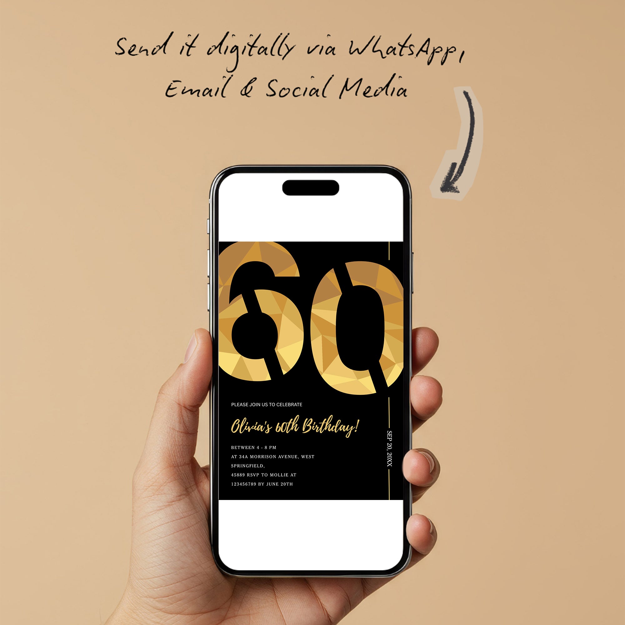 Elegant Black & Gold 60th Birthday Invitation Template | Editable Birthday Party Invite | Instant Download Canva