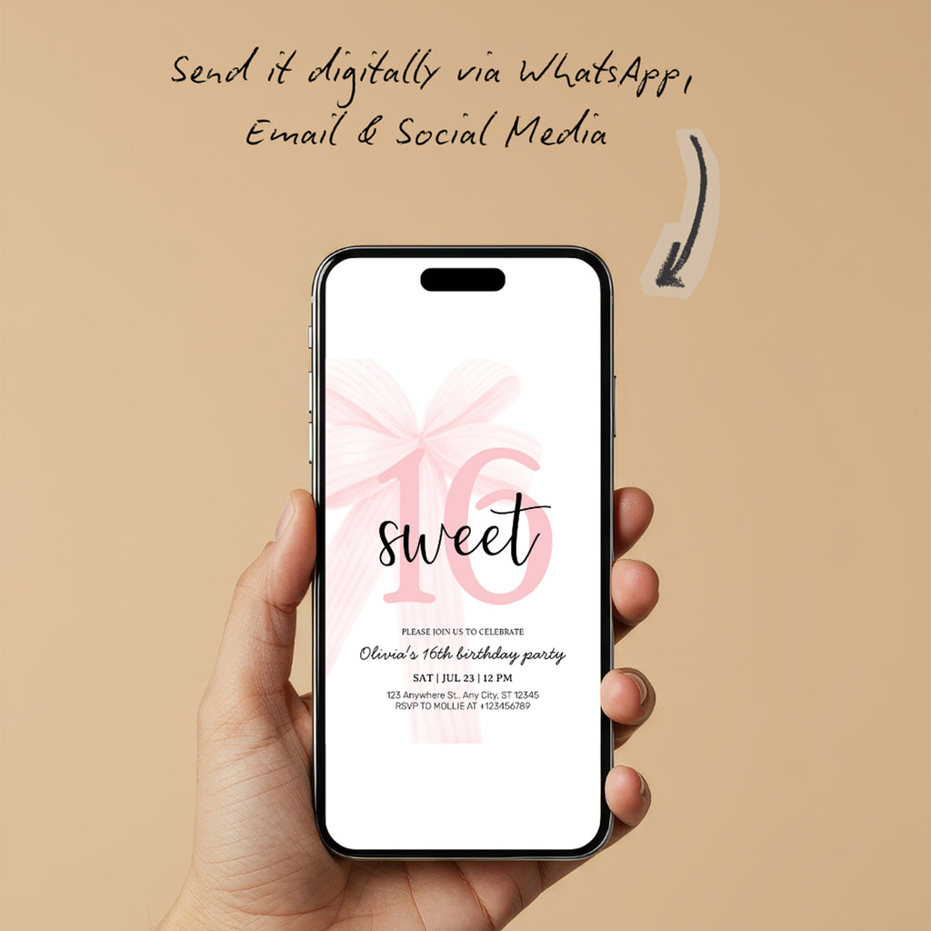 Elegant Pink Coquette Bow Sweet 16 Birthday Invitation – Editable Canva Template