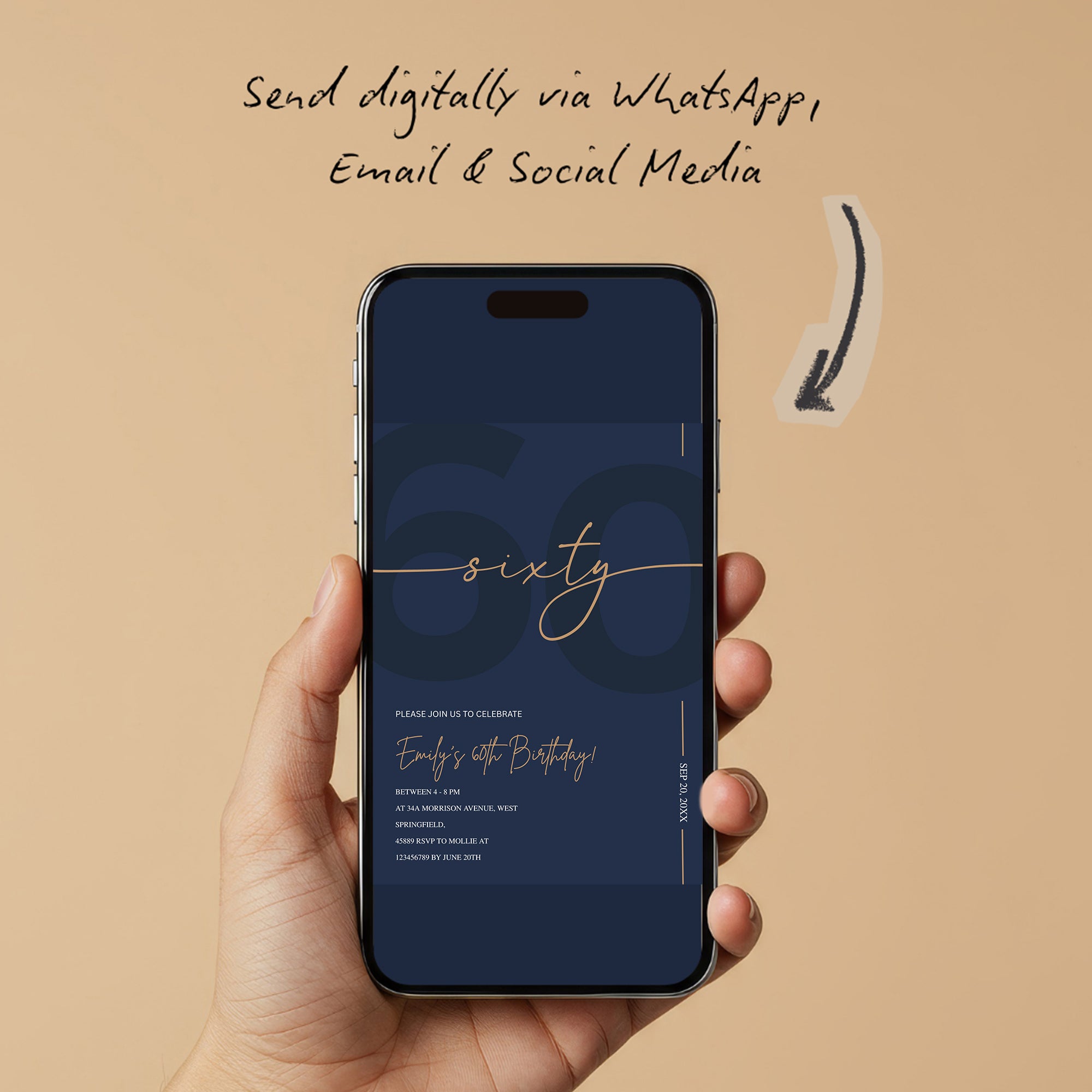 Modern Navy Blue & Gold 60th Birthday Invitation – Editable Canva Template