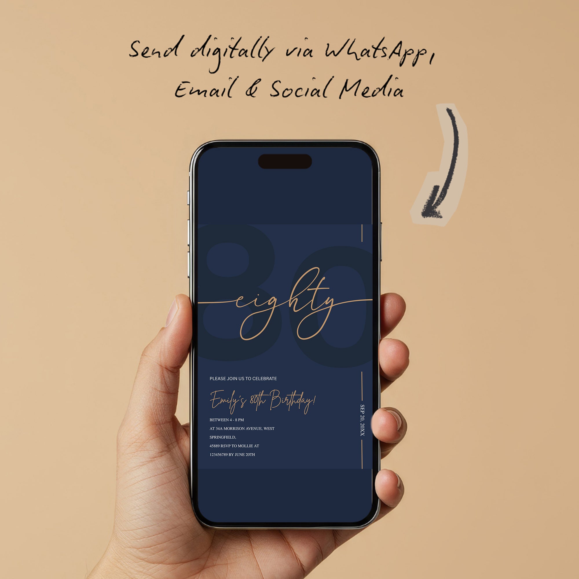 Modern Navy Blue & Gold 80th Birthday Invitation – Editable Canva Template