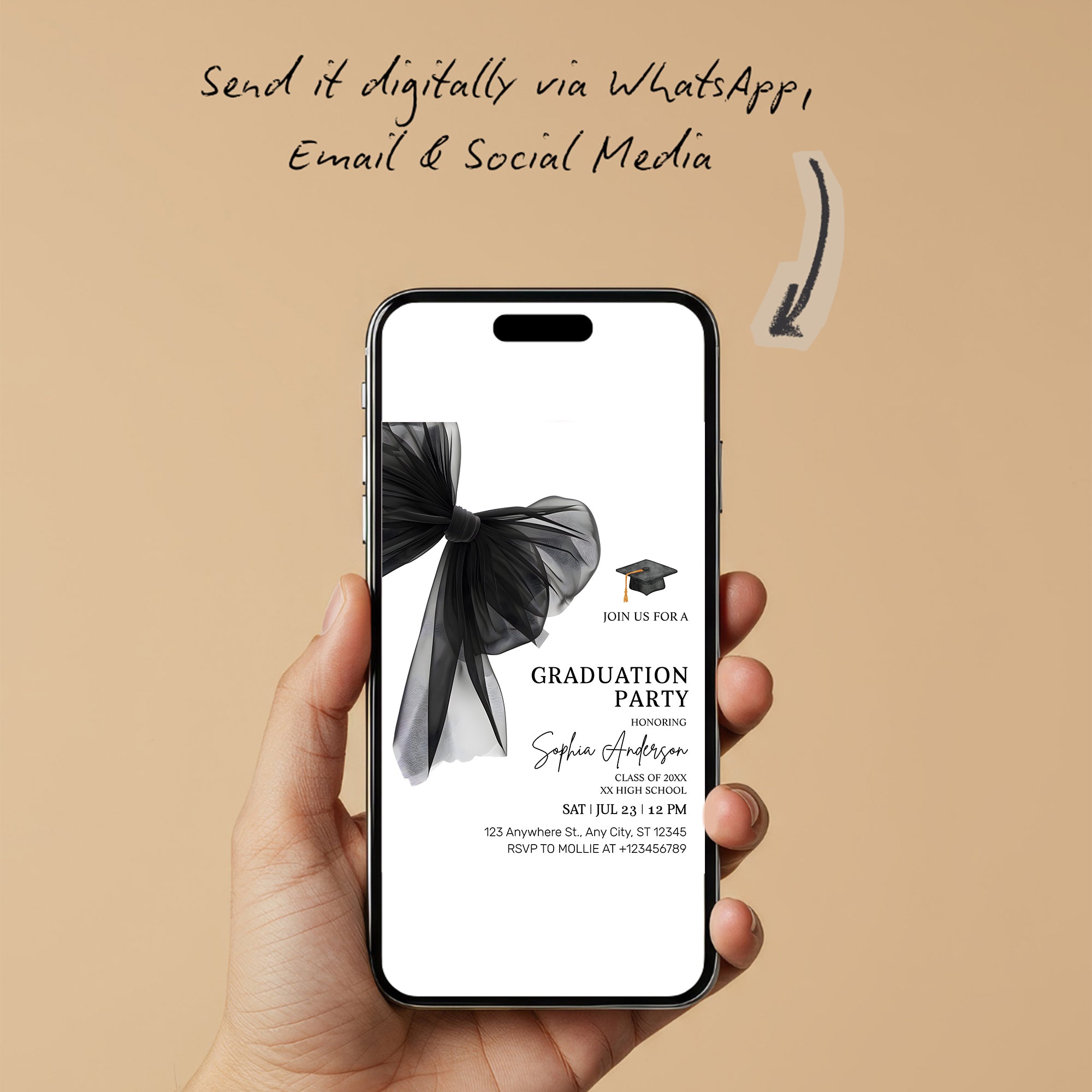 Elegant Black Bow Graduation Party Invitation – Editable Canva Template